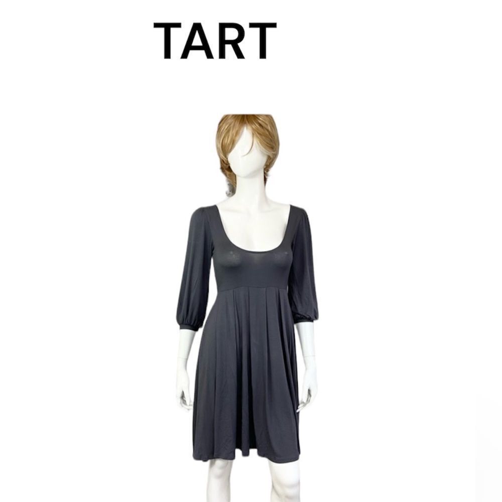 NEW Tart Womens Stretch Scoop Neck 3/4 Balloon Sleeve Pleated Mini Dress Gray S